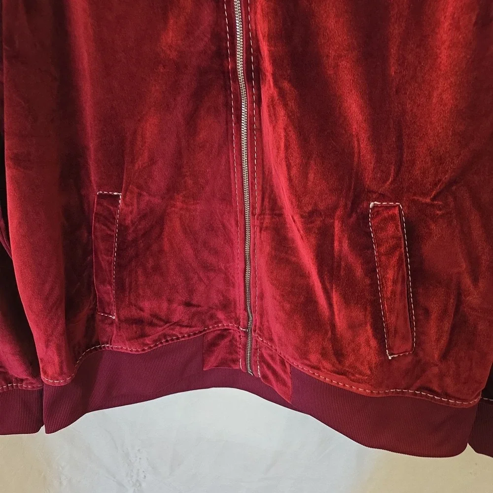 True Religion Jacket Men's S Burgundy Velvet Big T Mock Zip Up Broadway Gunmetal
